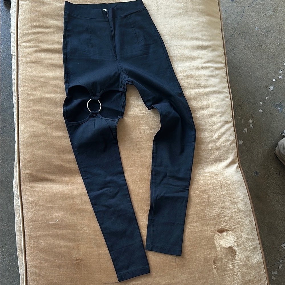 High waist Zipper front Skinny Black Pants One leg cut out detail Buckle. Trendy